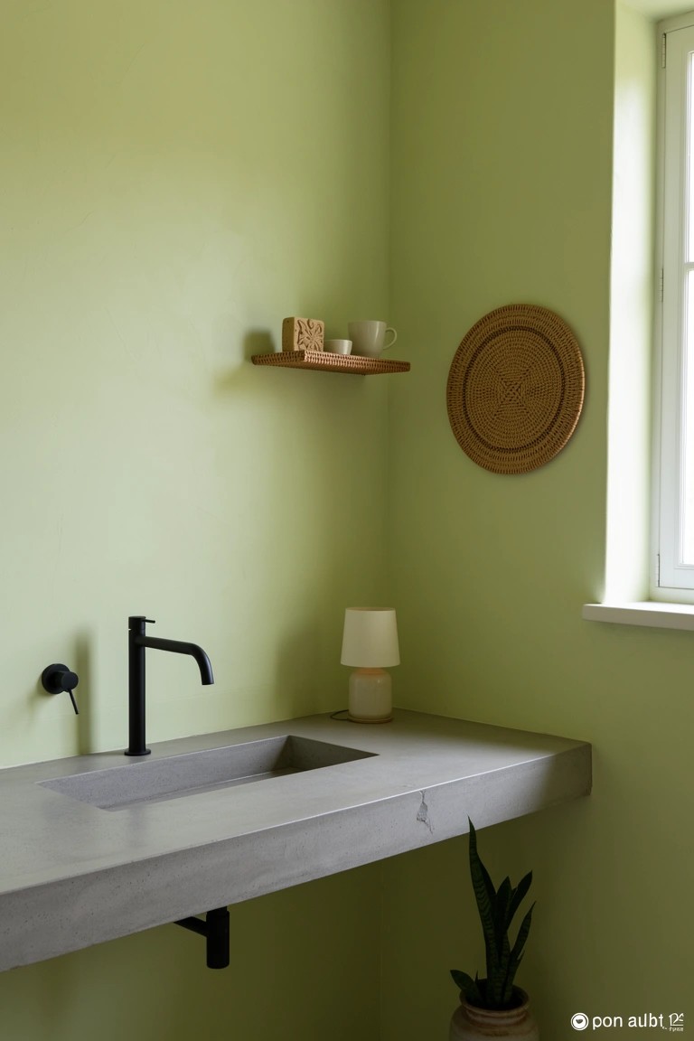 Light green corner bathroom with floating concrete sink, black faucet, small lamp, wooden shelf holding soap and cup, woven wall circle, potted plant