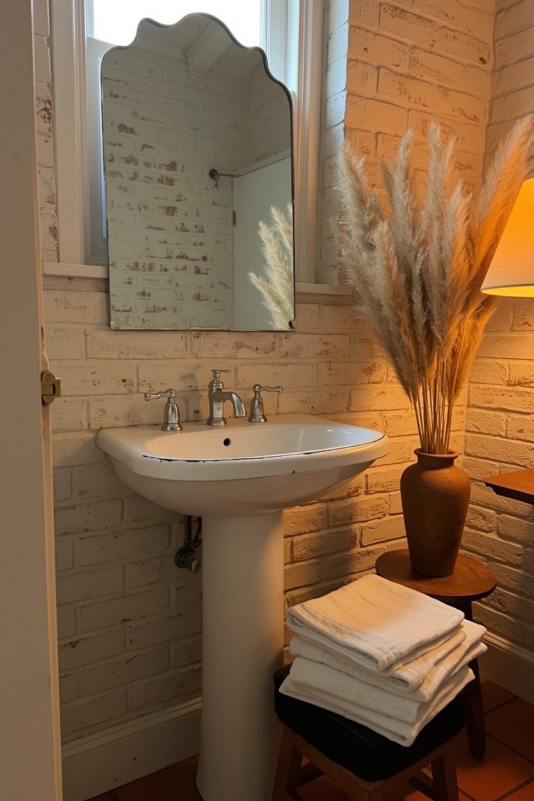 Small boho bathroom with exposed brick walls, white pedestal sink, arched mirror above, tall pampas grass in terracotta vase, stack of white towels on wooden stool by floor lamp