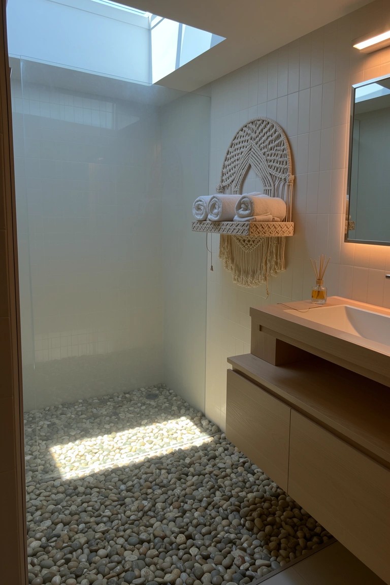 Simple white bathroom with pebble shower floor, skylight overhead, macrame towel hanger, and wooden vanity