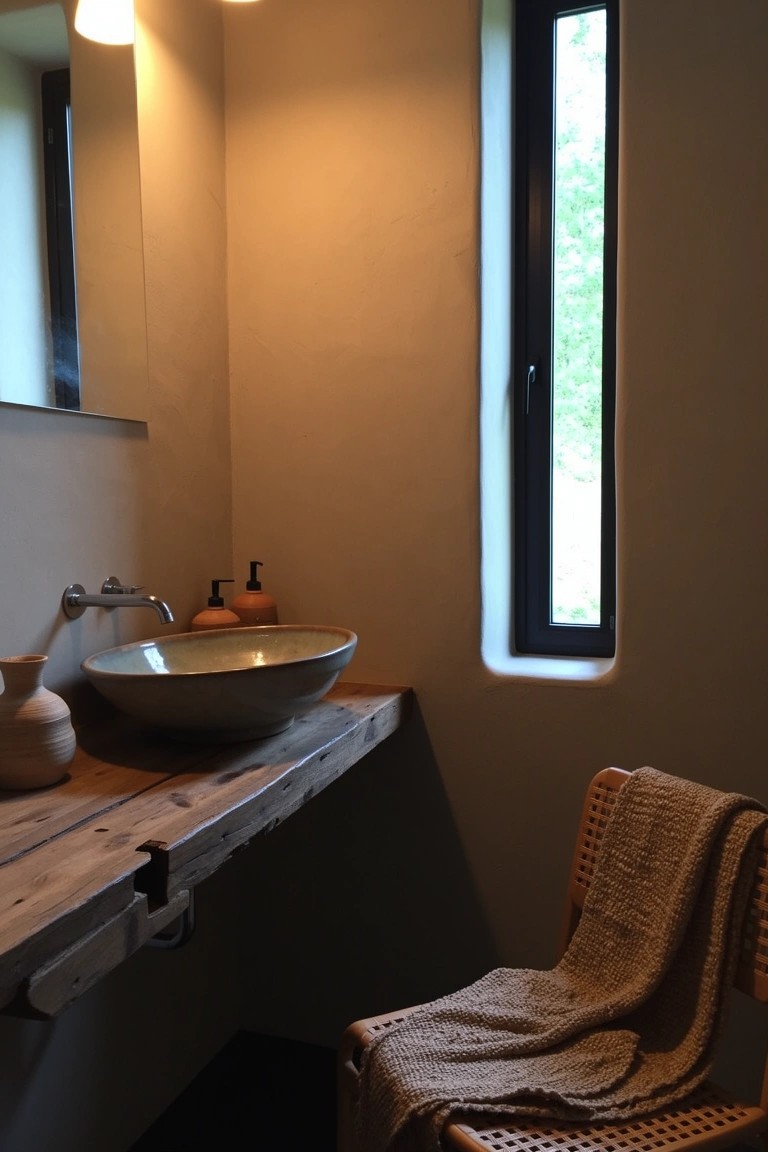 Boho bathroom with floating rustic wood shelf vanity, neutral bowl sink, and rattan chair with blanket