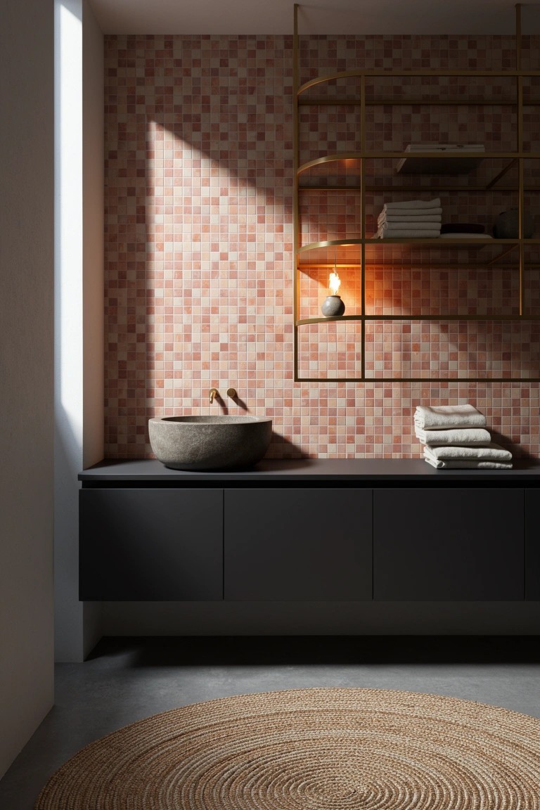 Boho bathroom with pink terracotta mosaic tile accent wall, black floating vanity, rough stone sink, gold open shelves holding towels and candle, woven seagrass rug on floor