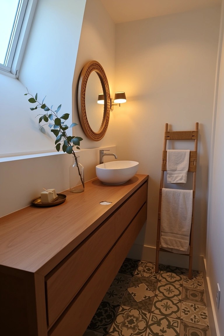 Small boho bathroom corner with wooden ladder holding folded white towels next to floating wood vanity and eucalyptus vase