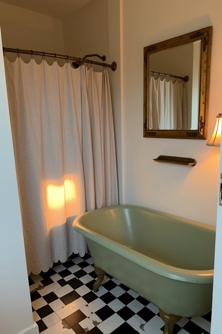 Mint green vintage clawfoot tub on black and white checkered tile floor in a compact bathroom with shower curtain and wooden mirror