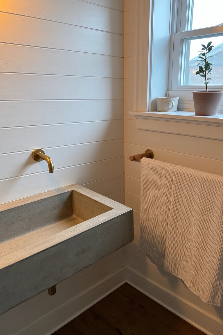 White shiplap wall in a bathroom with floating concrete trough sink, brass wall faucet, wooden towel bar holding a white towel, and plant on windowsill
