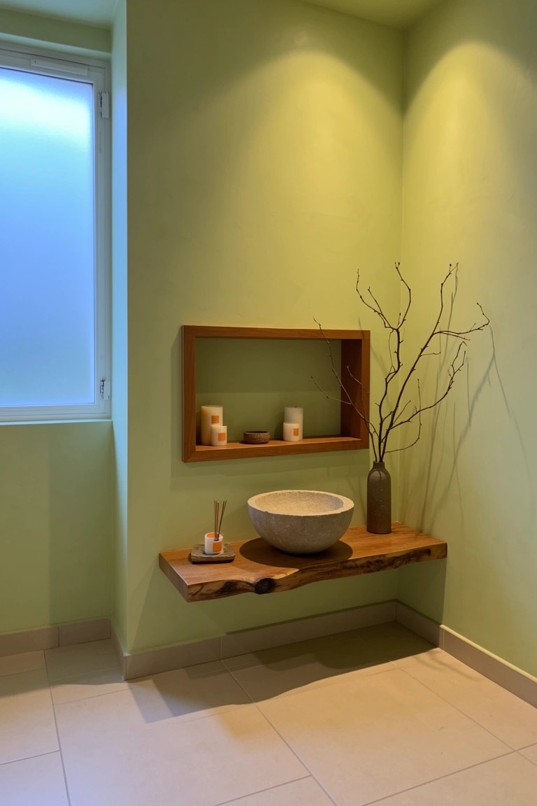 Boho bathroom corner featuring pale green walls, floating live-edge wood shelf with white stone vessel sink, and matching wood niche holding candles and branches