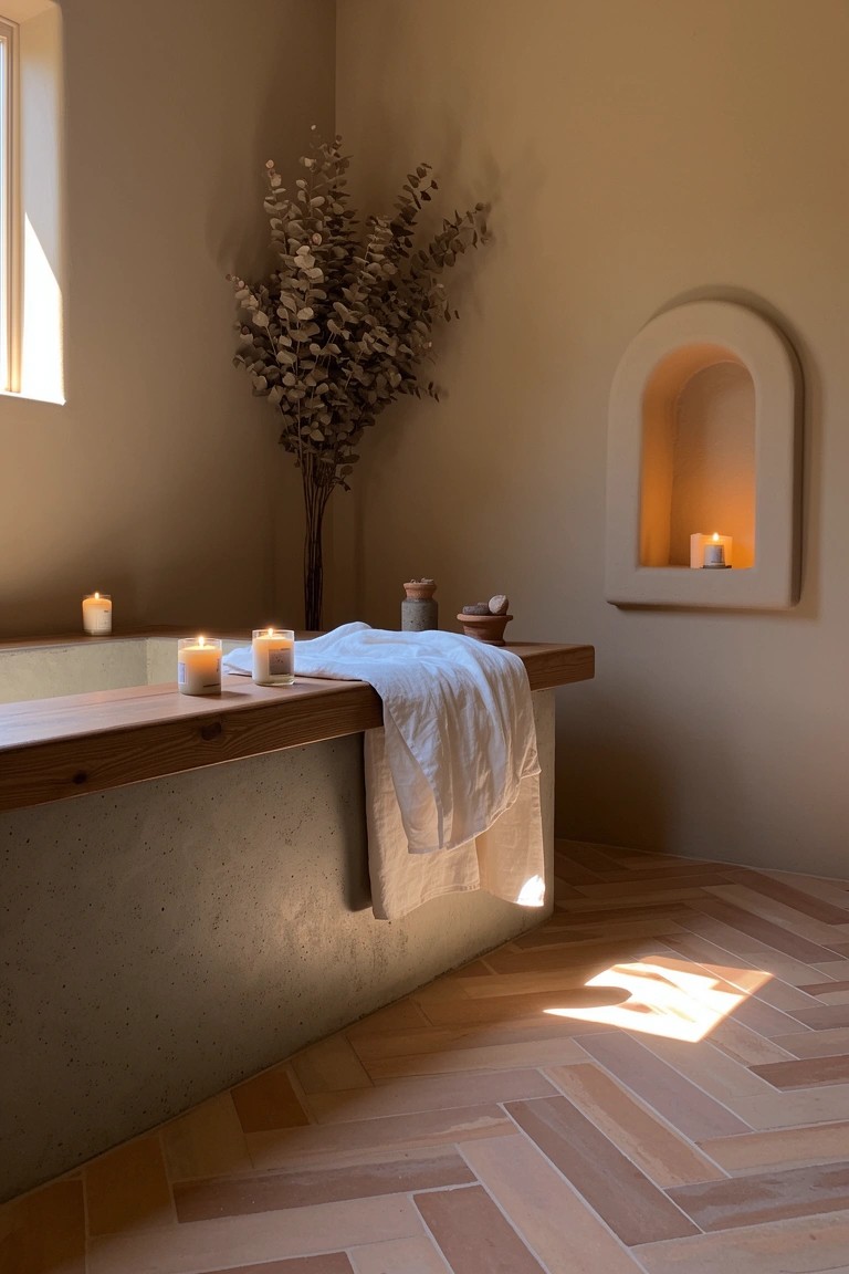 Boho bathroom with wooden ledge around freestanding tub holding candles and draped towel, arched plaster niche with candle, eucalyptus branch, and sunlit herringbone floor