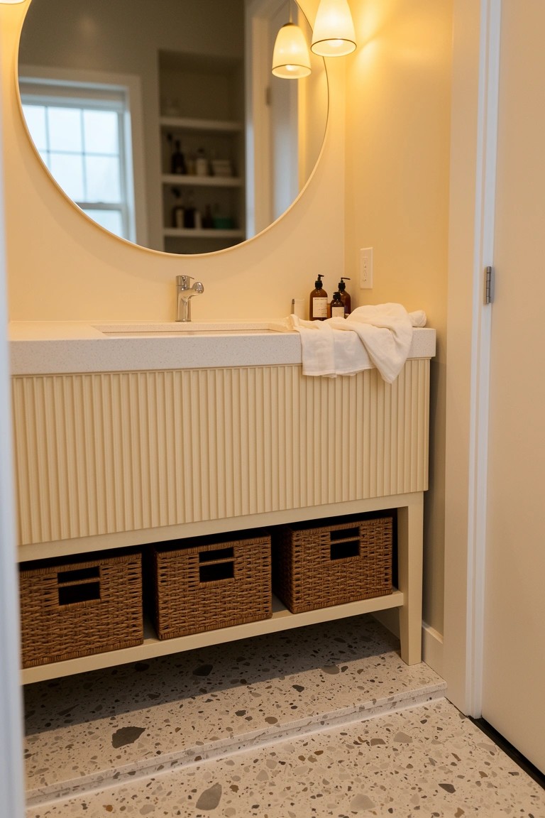 White fluted vanity with three woven baskets underneath for storage, folded white towels on top, round mirror above, in a light bathroom