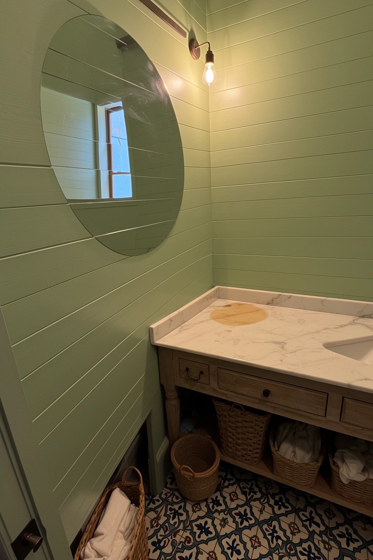 Sage green shiplap bathroom corner with round mirror, wood vanity, marble sink, and rattan baskets holding towels