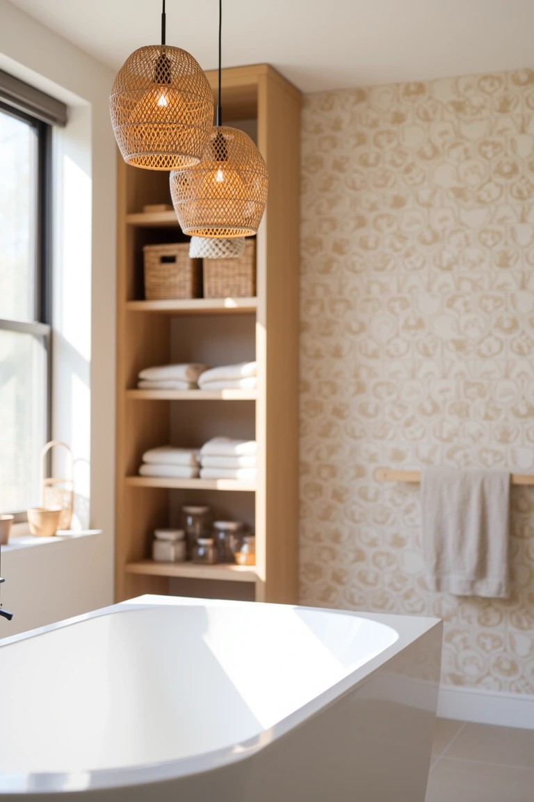 Boho bathroom with three woven pendant lights suspended over a white freestanding tub, open wood shelving holding towels and baskets beside a subtle patterned wall
