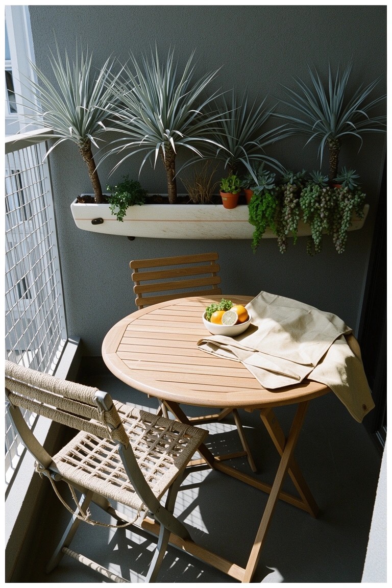 Small round wooden table and two chairs on a balcony with potted plants, fruit bowl, and neutral gray wall