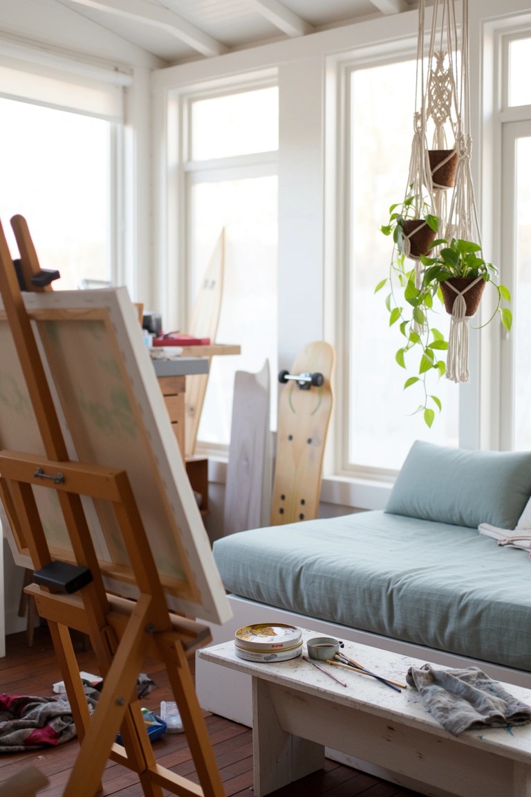 Sunlit art studio in a glass-walled sunroom featuring a wooden surfboard leaning against the wall near an easel, with hanging plants, a daybed, and scattered art supplies.