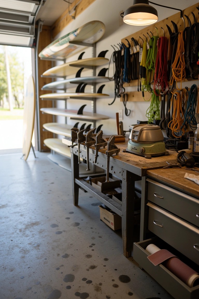 Garage workshop with vertical wall racks holding multiple surfboards, hanging leashes on hooks, and a wooden workbench with tools