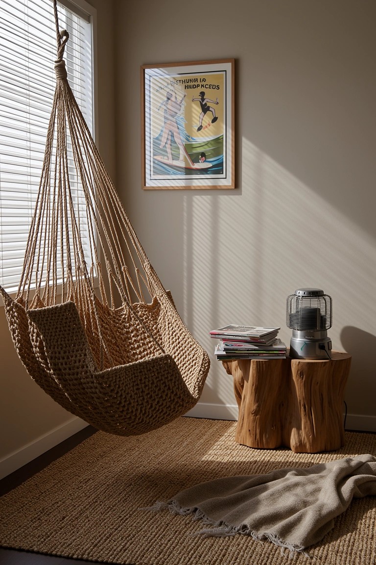 Knotted rope hammock chair hanging in a light beige room corner by a window with sheer blinds and a vintage surf poster, next to wooden stump tables, a lantern, magazines, and a neutral rug