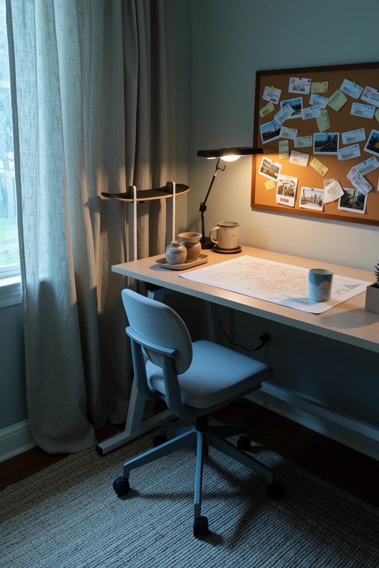 Cozy corner workspace with light wood desk, white ergonomic chair, wooden corkboard covered in notes and photos above, desk lamp lit, in pale blue-green room with sheer curtains