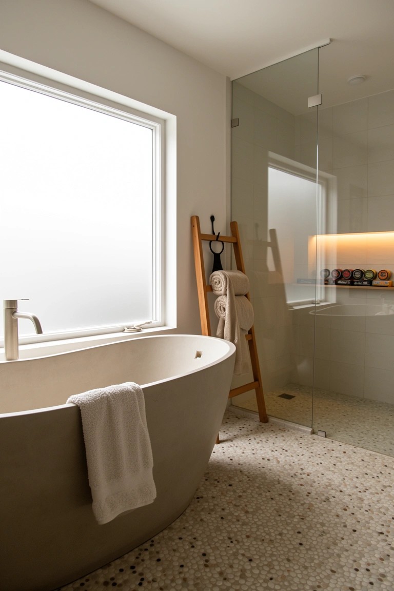 Light bathroom with freestanding gray tub draped in white towel, wooden ladder holding rolled towels, glass shower enclosure, pebble tile floor, and large frosted window