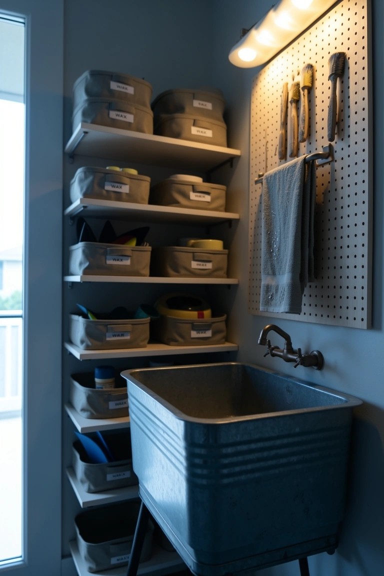 Pegboard wall in a blue-toned utility room holding towels, tools, and bins above a metal sink