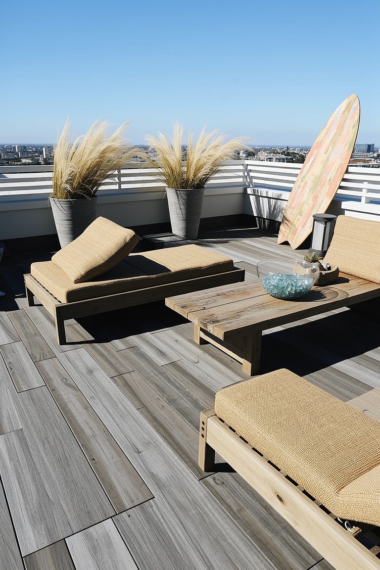 Rooftop deck lounge with beige wood daybeds, potted tall grasses, low table holding shell bowl, and surfboard propped on railing