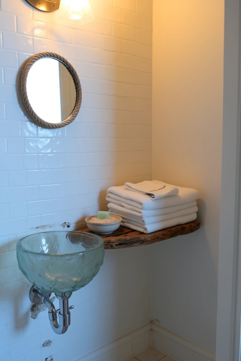 Small surf-themed bathroom nook with white subway tiles, round mirror framed in rope, wooden shelf with green glass sink and stacked white towels