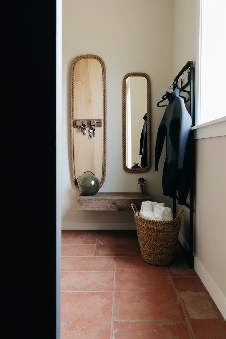 Cozy surf-themed entryway nook with rope-wrapped wooden surfboard on wall, wetsuit on metal rack, wooden shelf holding towel basket, and key hooks nearby on terracotta tile floor