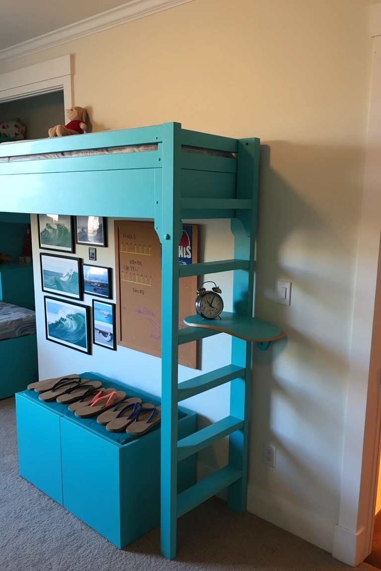 Turquoise bunk bed in surf-themed kids' bedroom with wave photos, ladder shelf holding clock, and flip-flop storage below