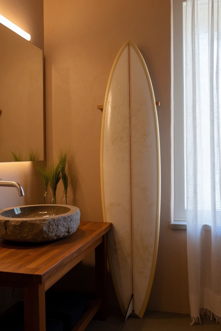 White surfboard leaning vertically against bathroom wall near wooden vanity with stone sink