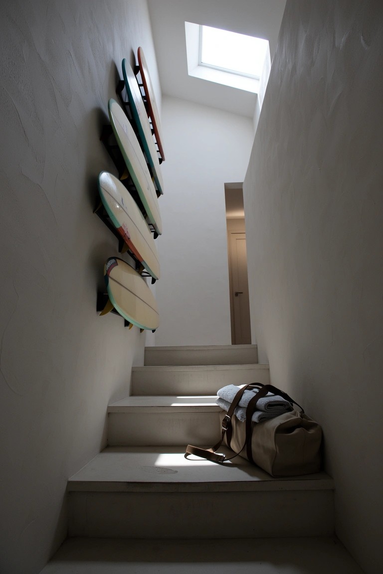 White plaster hallway with skylight overhead and colorful surfboards mounted on wall racks above stairs