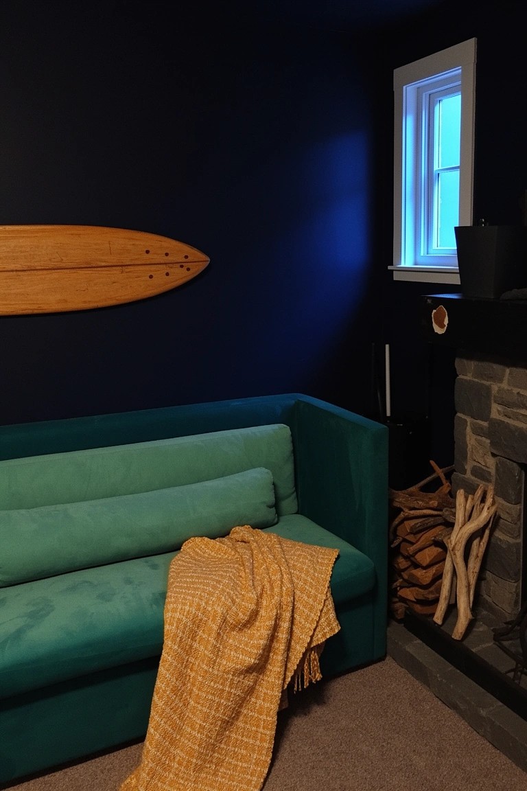 Wooden surfboard mounted on dark navy wall above teal green sofa in cozy room with stone fireplace