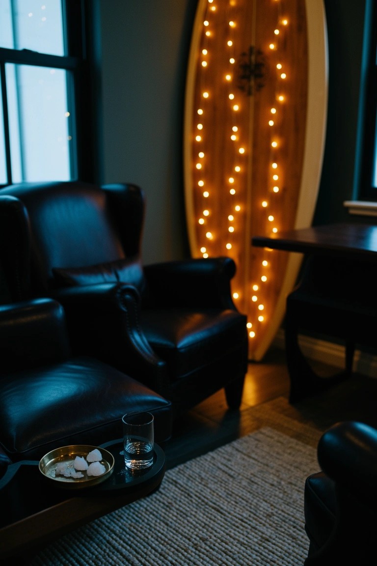 Cozy room corner with tall wooden surfboard wall strung with warm lights behind black leather armchairs and a low side table