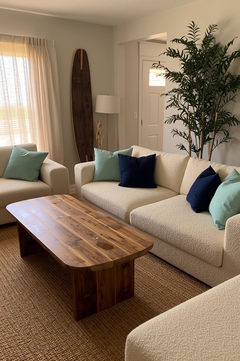 Living room with wooden surfboard leaning on wall near creamy bouclé sofas, teal and navy pillows, wooden coffee table, and jute rug