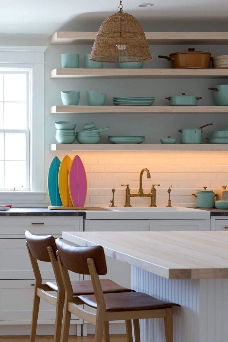 Coastal kitchen with colorful surfboards leaning near the sink, open shelves stocked with pastel green ceramics, rattan pendant light overhead, white cabinets, and wood island