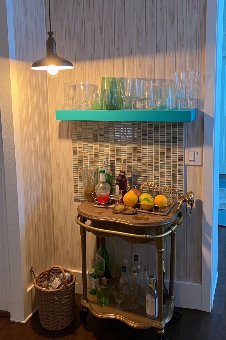 Brass bar cart stocked with liquor bottles, glassware, and oranges against wood-paneled wall with teal shelf