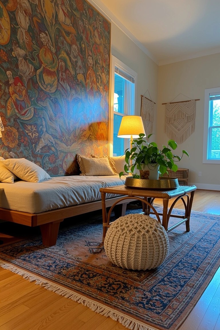 Bohemian living space with vibrant floral wallpaper on one wall, low wooden daybed, potted plants in gold pot, woven pouf, and patterned rug on hardwood floors