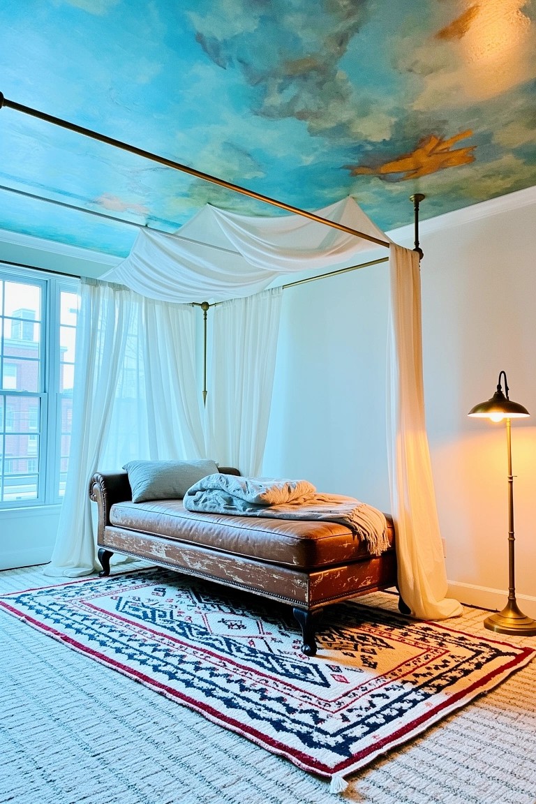 Brass pipe frame holding a white canopy over a brown leather daybed in a bedroom with sky blue painted ceiling