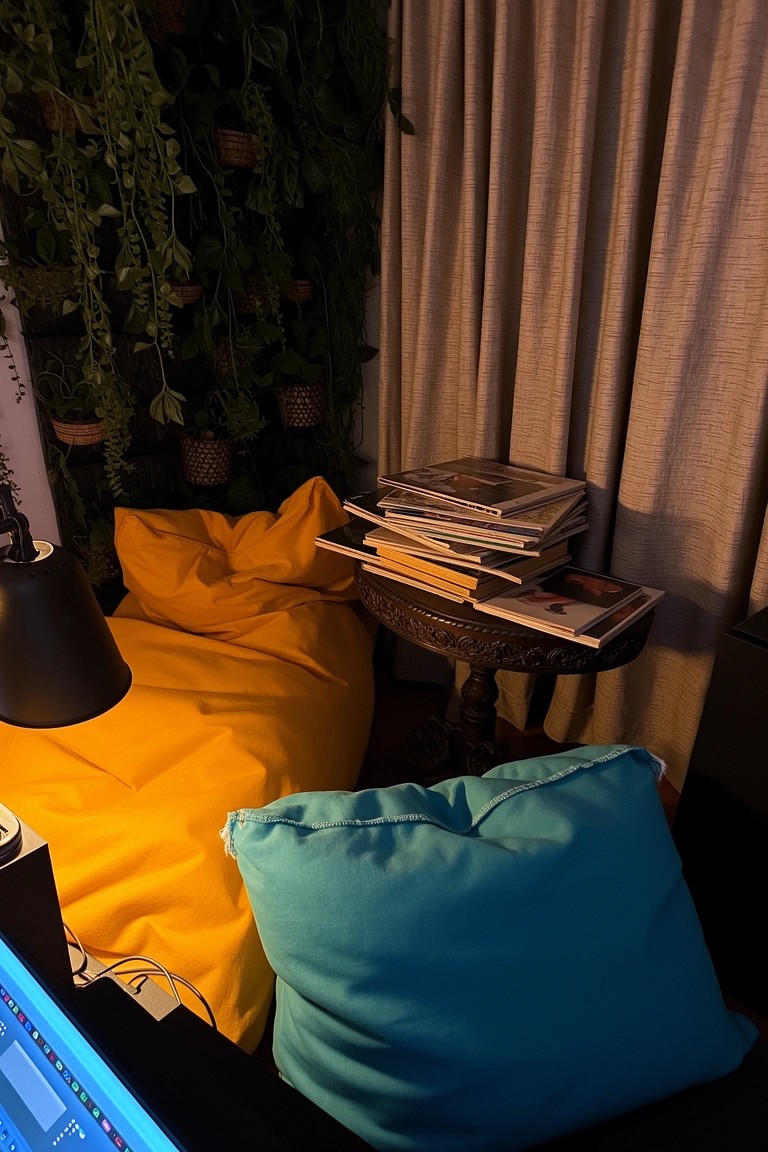 Cozy bohemian reading nook featuring a yellow bean bag chair with turquoise pillow, hanging green plants, and stacks of books on a small wooden side table