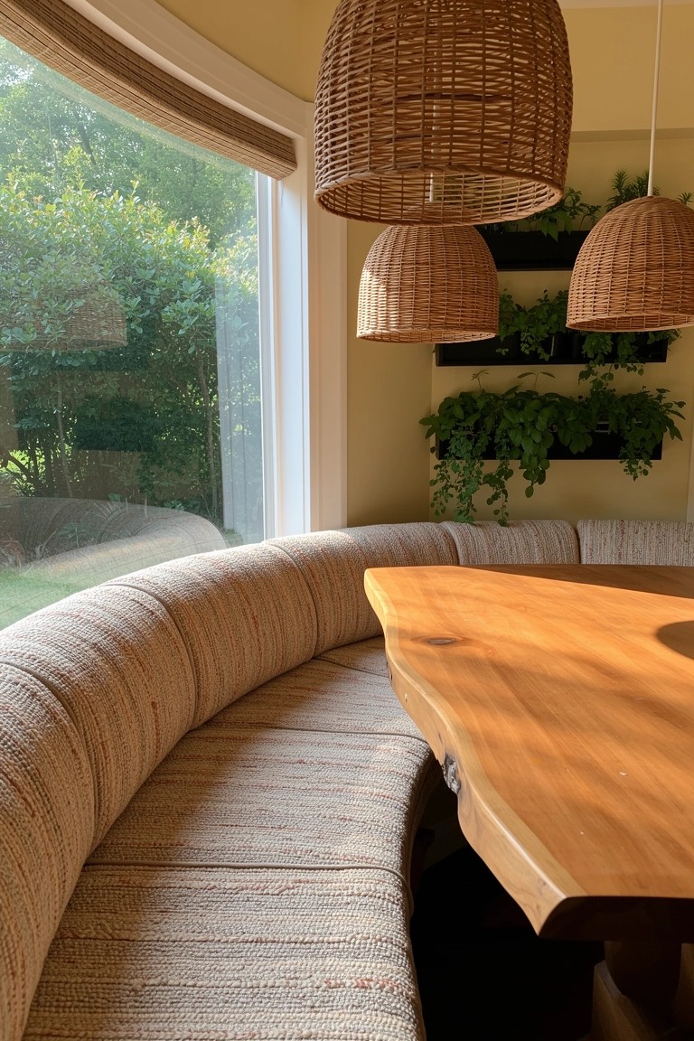 Cozy breakfast nook featuring curved beige banquette seating around a live-edge wood table, with rattan pendant lights and potted plants on yellow walls by a large window