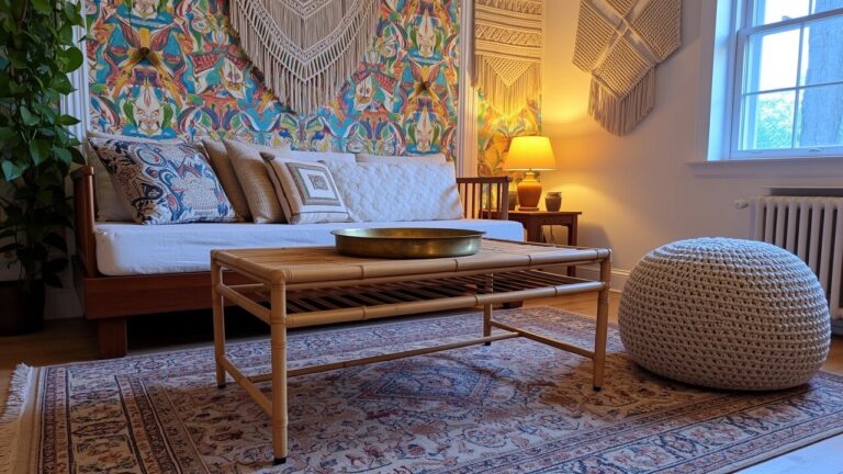 25 Unique Bohemian Home Ideas For A Bold Standout Interior Bohemian living space with vibrant floral wallpaper on one wall, low wooden daybed, potted plants in gold pot, woven pouf, and patterned rug on hardwood floors