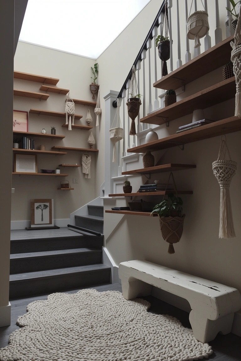 Stairwell with wooden floating shelves on walls displaying books, hanging plants in macrame, pottery, and a white bench on a round rug at the base