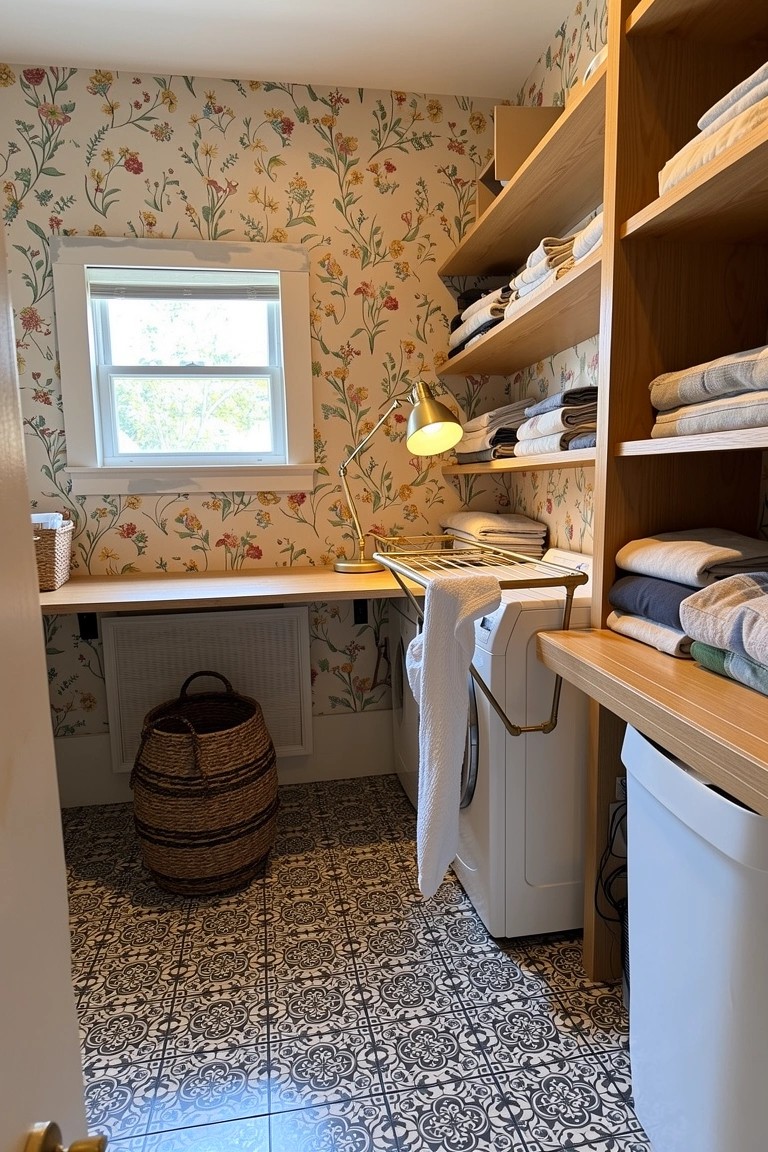 Cozy laundry room with orange floral wallpaper, open wooden shelves holding folded linens, and white washer dryer on tiled floor