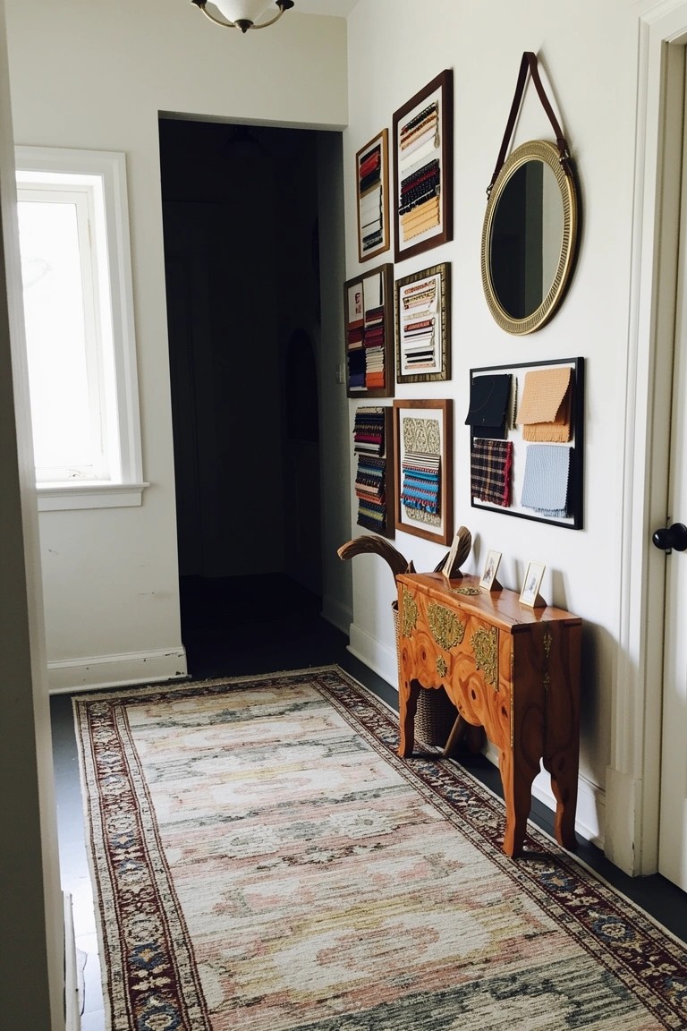 White hallway featuring a rustic wooden console table on a colorful patterned runner rug, with an eclectic wall display of framed fabric swatches, art pieces, and a round mirror