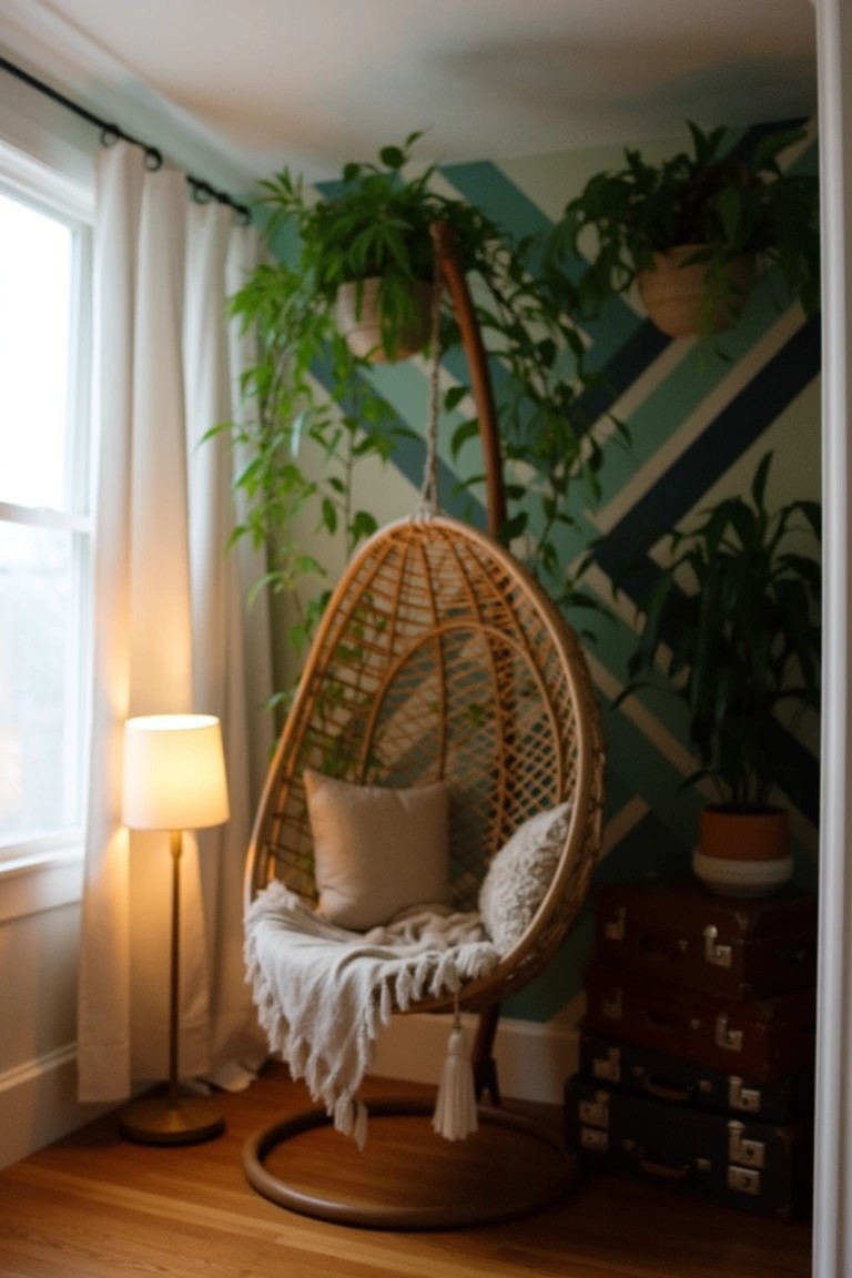 Rattan hanging egg chair in a cozy corner with trailing plants, bold teal wall pattern, lamp, and pillows