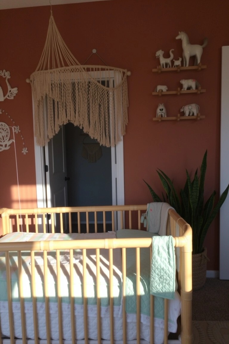 Boho nursery with macrame hanging over open door, wooden crib, terracotta walls and animal shelves
