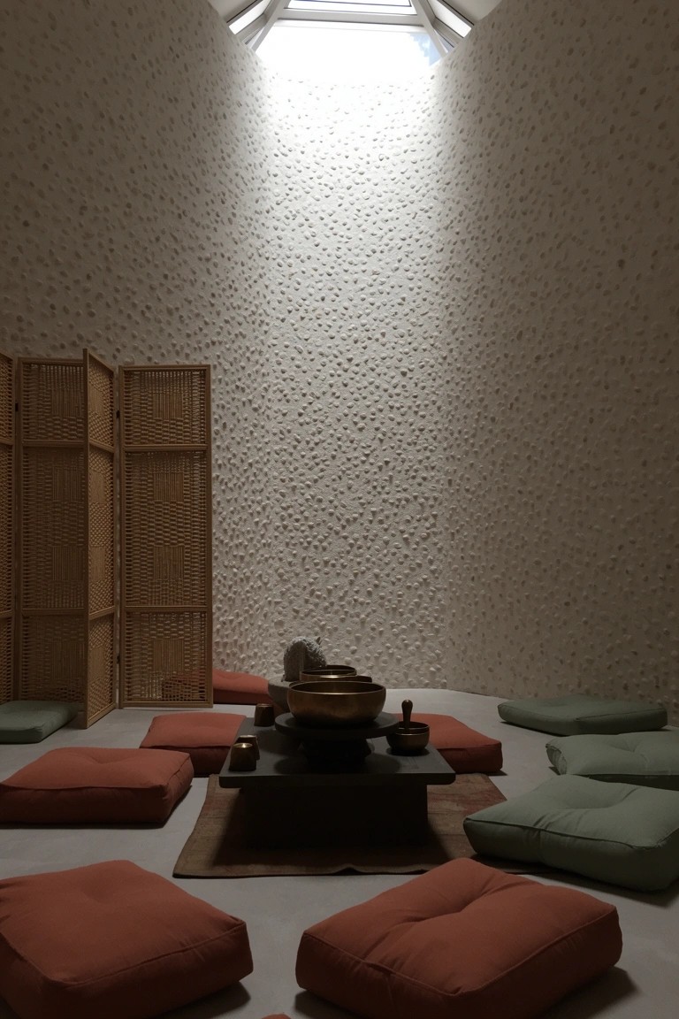 Minimalist meditation room with textured white walls, skylight, shoji screens, low wooden table holding a singing bowl, and red and green floor cushions