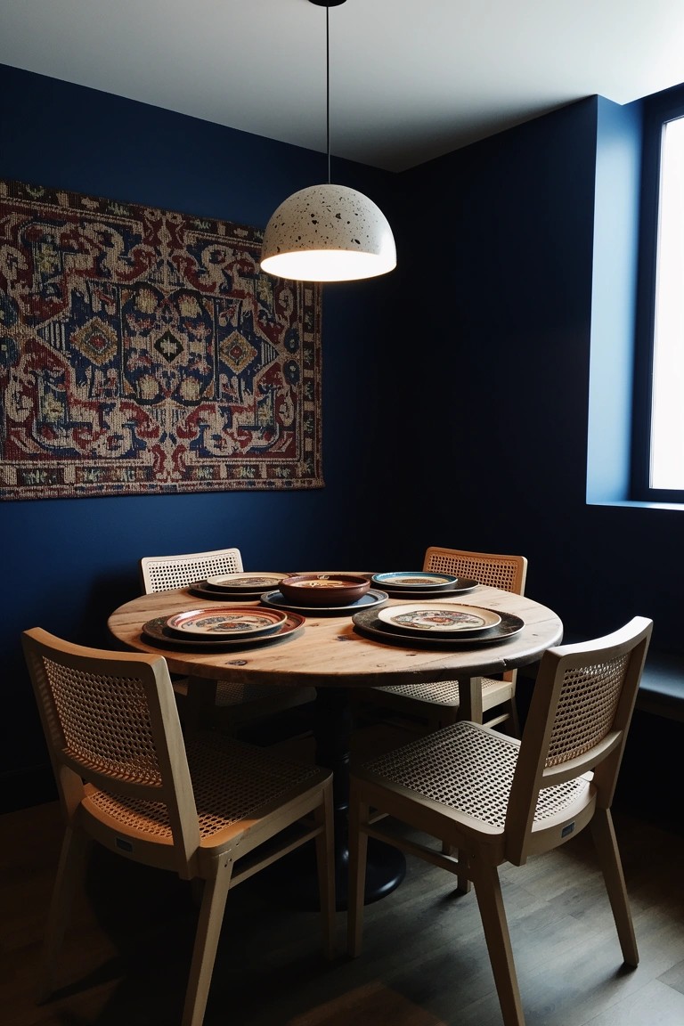 Cozy navy blue corner dining nook with round wooden table, rattan chairs set for a meal, large colorful patterned tapestry on wall, and hanging pendant light
