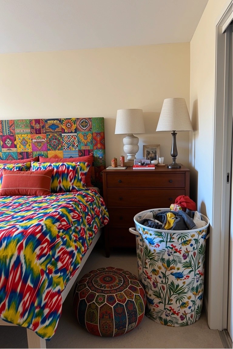 Bohemian bedroom corner with colorful patchwork headboard, vibrant patterned bedding, wooden dresser, lamps, and striped laundry basket.