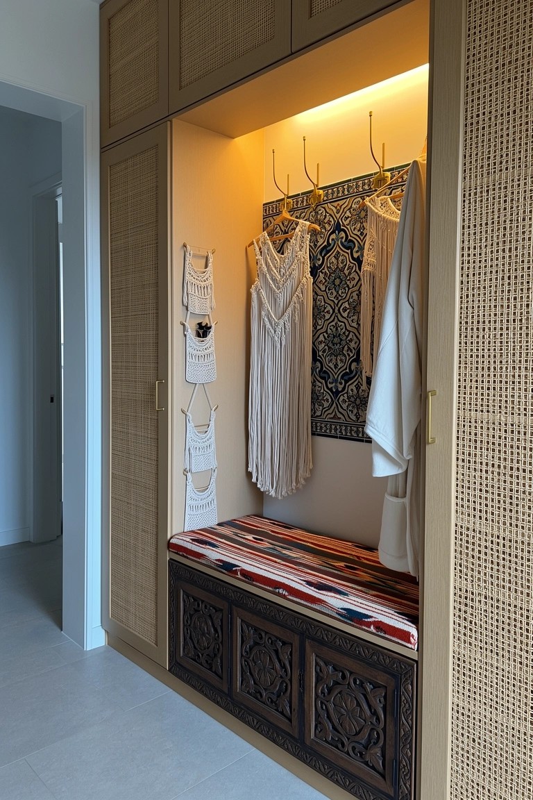 Open rattan wardrobe featuring a built-in bench with colorful woven cushion, hanging bohemian dresses on macrame holders, and warm interior lighting