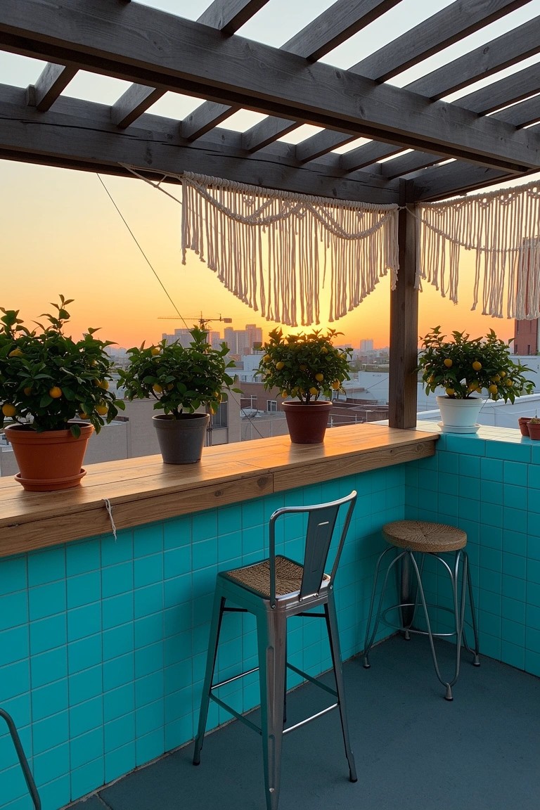 Wooden bar counter on blue tiled wall lined with potted citrus trees, metal stools, and macrame hangings on a rooftop patio