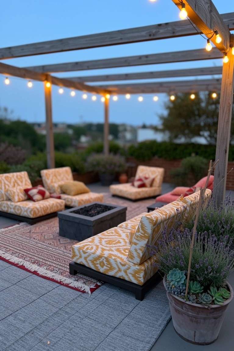 Rooftop deck with wooden pergola strung with lights, low cushioned seating around a square fire pit on a patterned rug, surrounded by potted plants