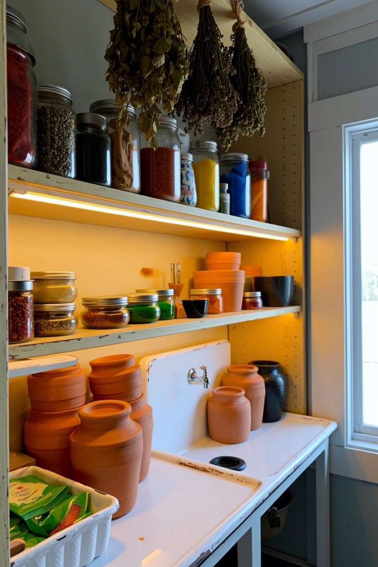 Boho pantry shelves stocked with terracotta pots, colorful jars of spices, hanging dried herbs, and a white sink below