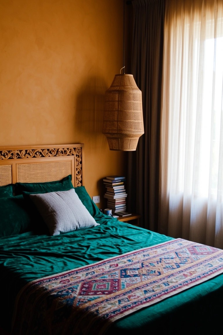 Bohemian bedroom with warm terracotta walls, green velvet headboard and bedding topped by a colorful patterned runner, hanging bamboo lamp, and sheer window curtains