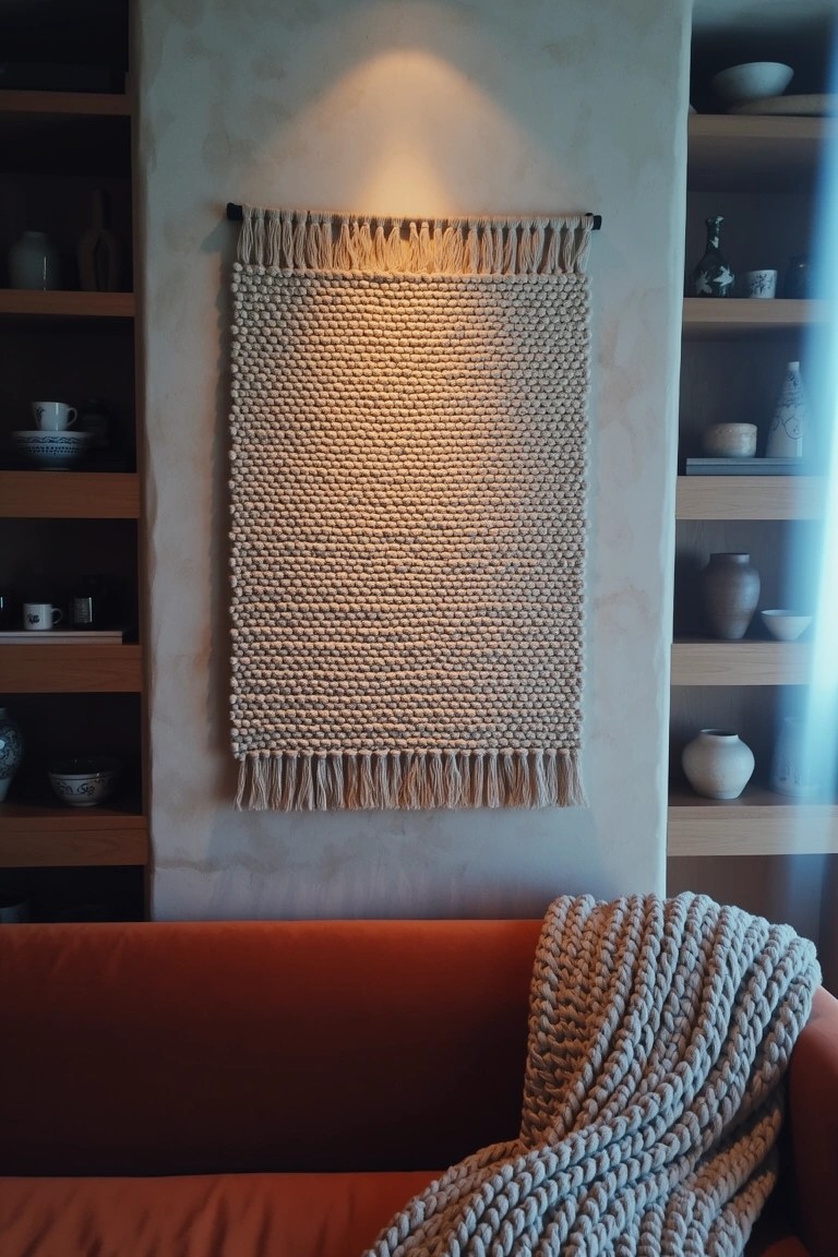 Large cream woven wall hanging on textured wall flanked by open shelves with ceramics, red sofa with chunky knit throw below